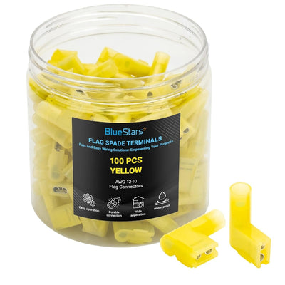 Clear plastic jar filled with 100 yellow female flag spade terminals with two loose connectors in front.
