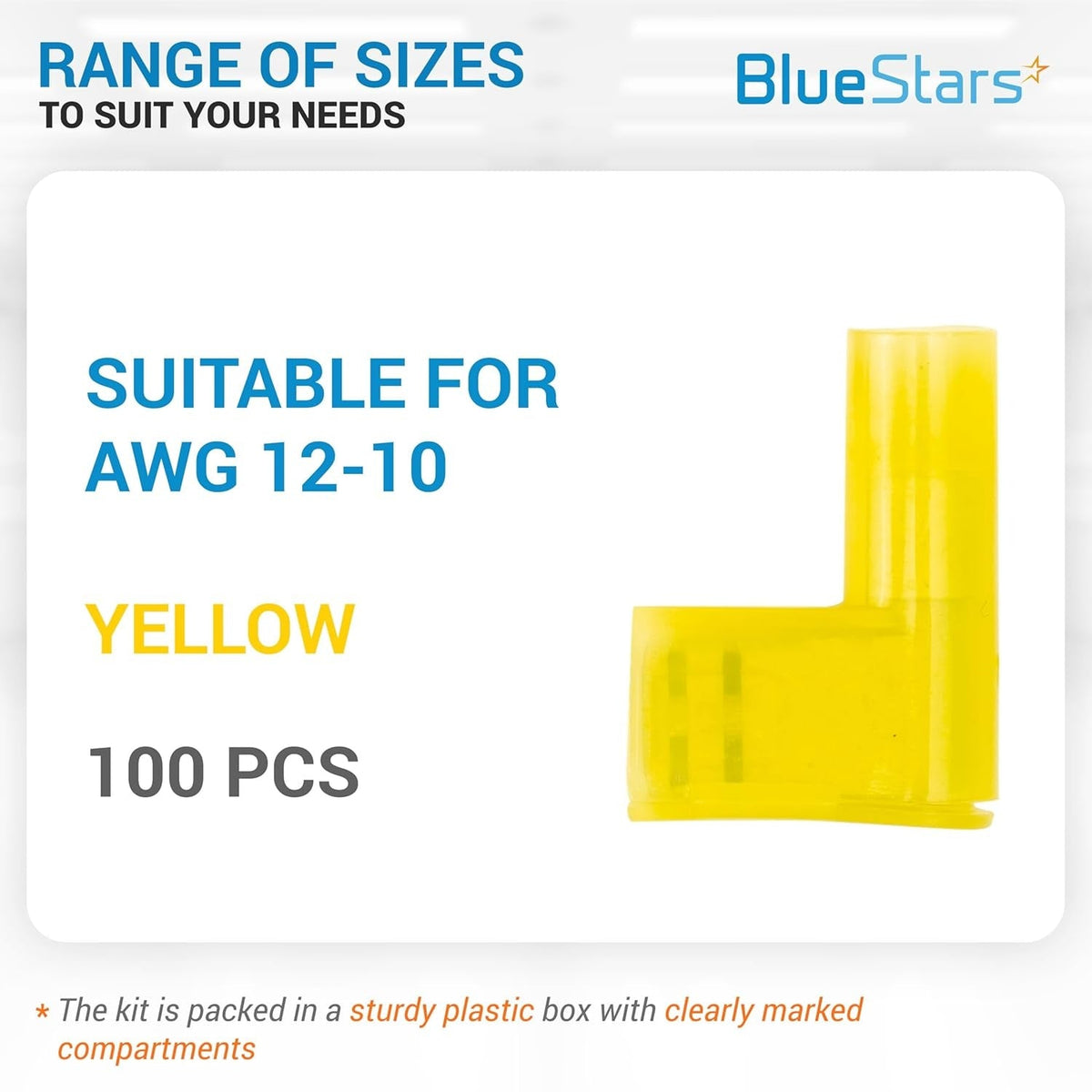 Single yellow female flag spade terminal for 12-10 AWG wire.