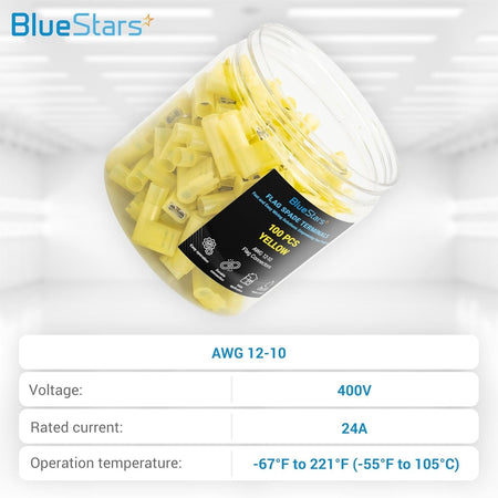 Clear plastic jar filled with 100 pieces of yellow female flag spade terminals.