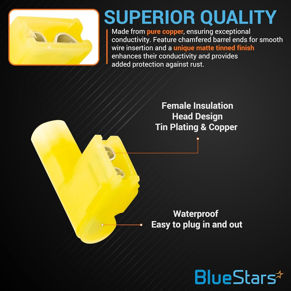 Infographic showing yellow female flag spade terminal with copper construction and insulated design.