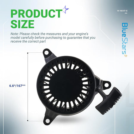 Dimensional diagram of 14 165 07-S recoil starter for Kohler lawn mower engines showing 6.6-inch measurement.
