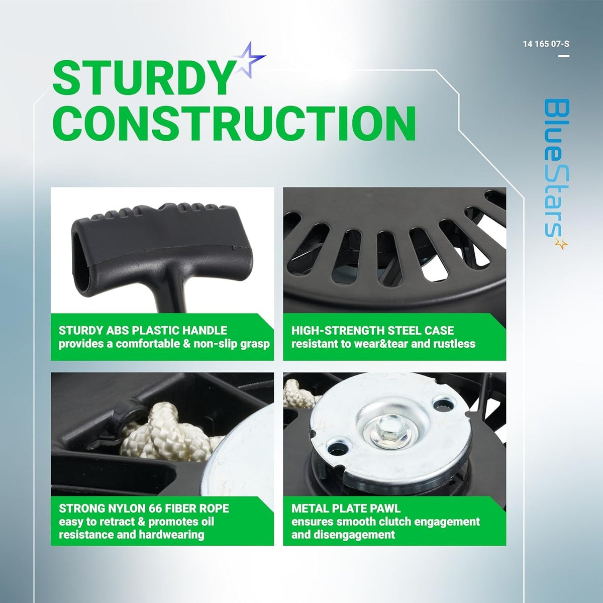 Infographic showing construction details of 14 165 07-S recoil starter for Kohler lawn mower engines.