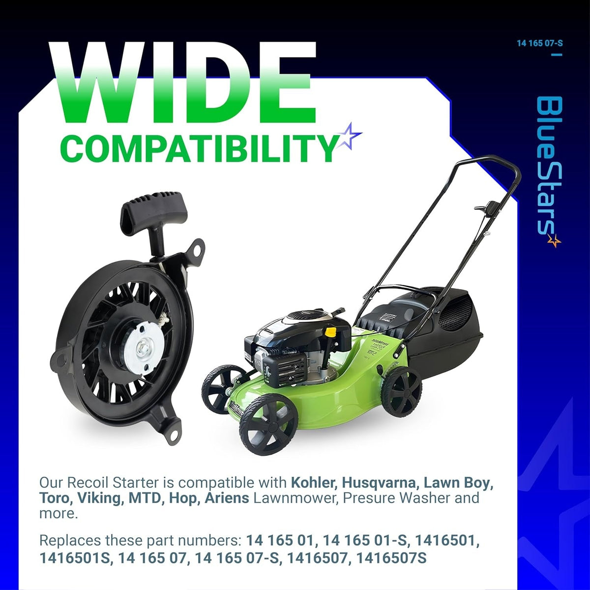 14 165 07-S recoil starter pull start assembly shown with compatible lawn mower and compatibility information.