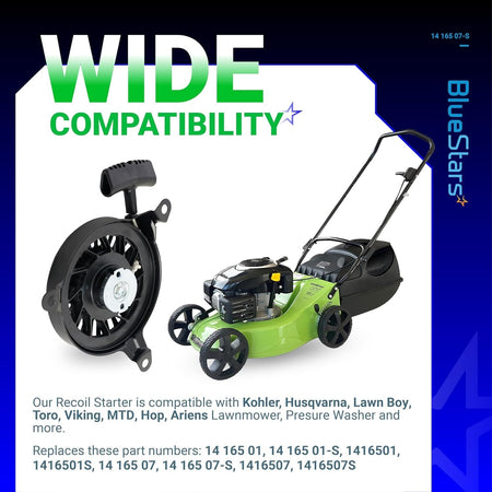 14 165 07-S recoil starter pull start assembly shown with compatible lawn mower and compatibility information.