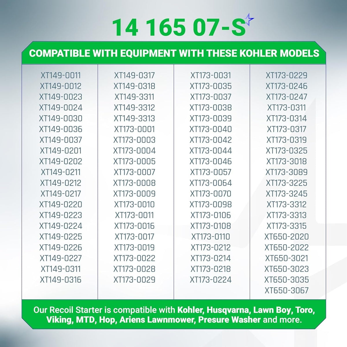 Compatibility chart for 14 165 07-S recoil starter listing compatible Kohler XT series lawn mower engine models.