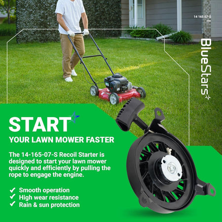 14 165 07-S recoil starter assembly for Kohler lawn mower engines shown with promotional product information.