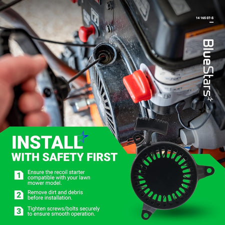 14 165 07-S recoil starter for Kohler lawn mower engines with installation safety instructions graphic.