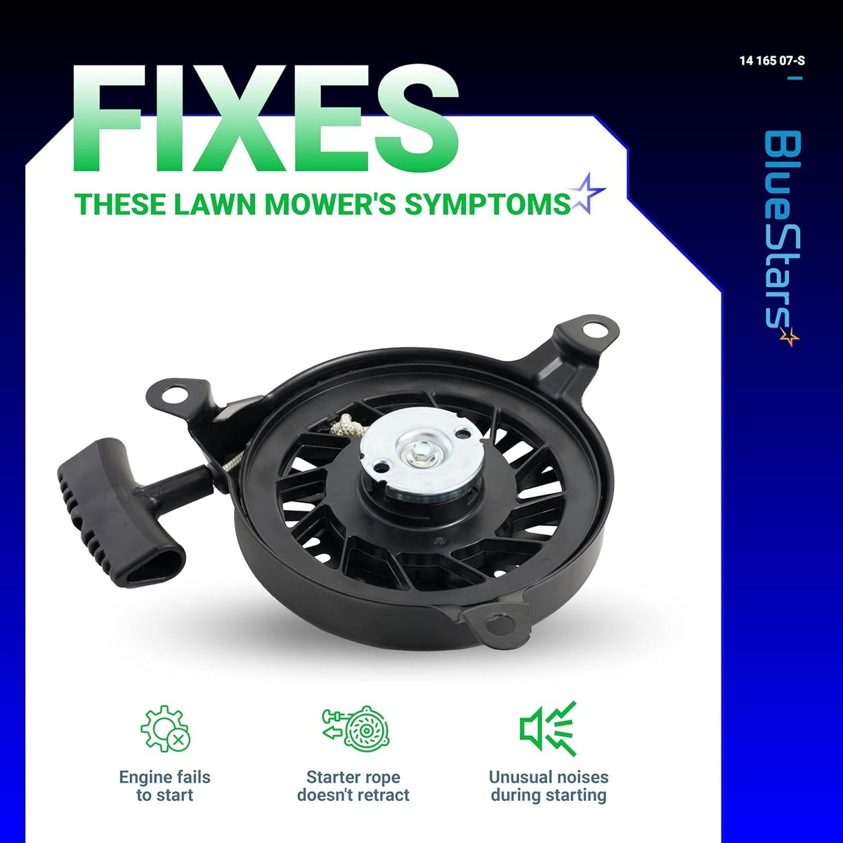 14 165 07-S recoil starter assembly for Kohler lawn mower engines with symptom troubleshooting icons.