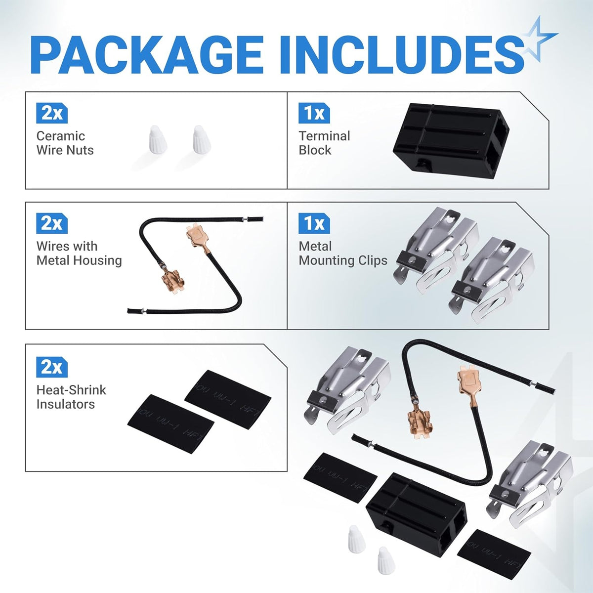 Package contents infographic for 330031 range burner receptacle kit showing wire nuts, terminal block, wires, and clips.