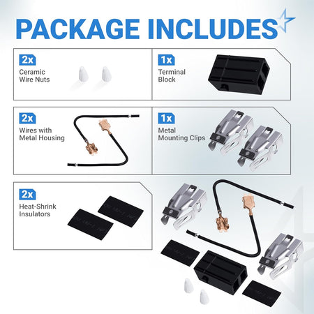 Package contents infographic for 330031 range burner receptacle kit showing wire nuts, terminal block, wires, and clips.