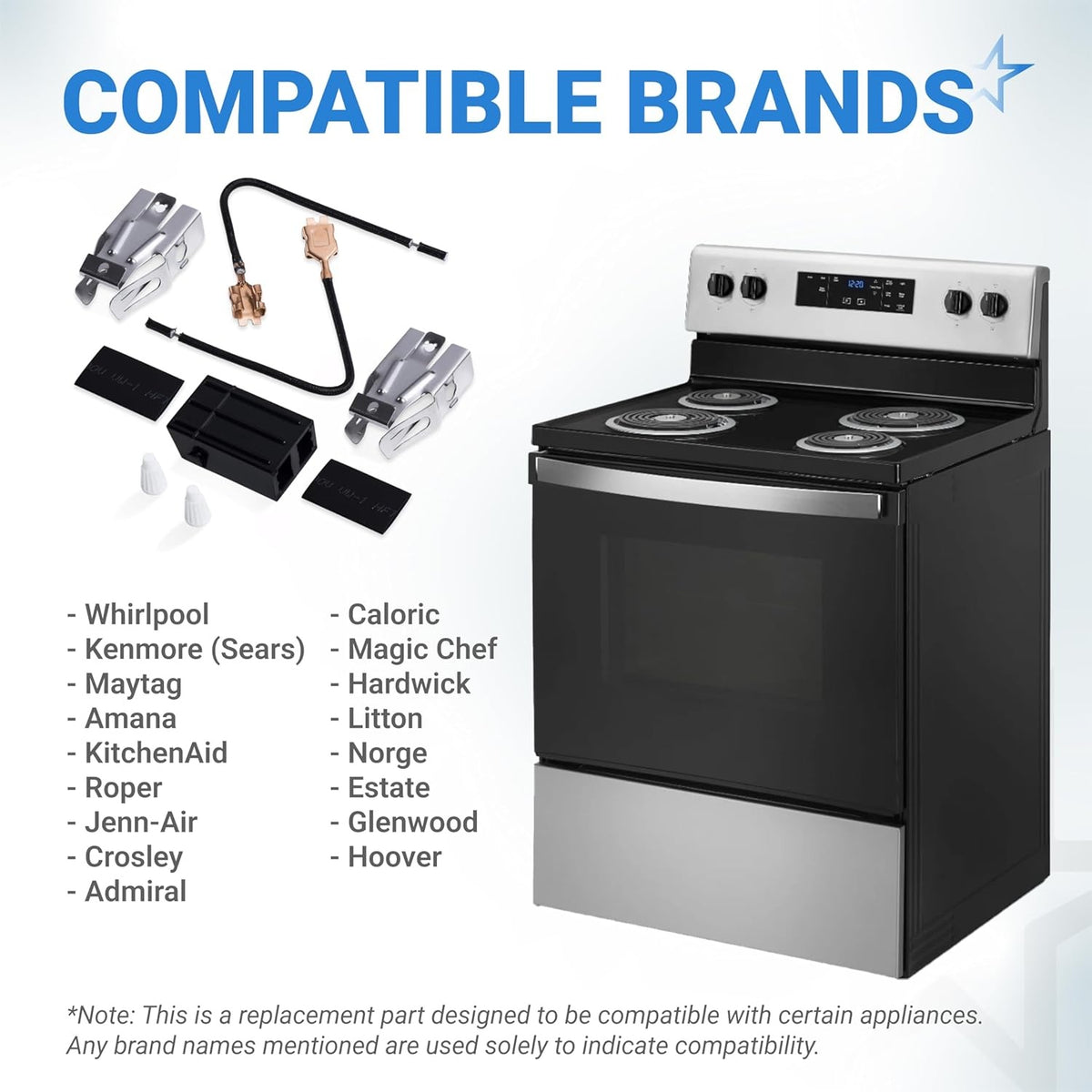 Range burner receptacle kit components shown with a list of compatible appliance brands and a sample electric stove.