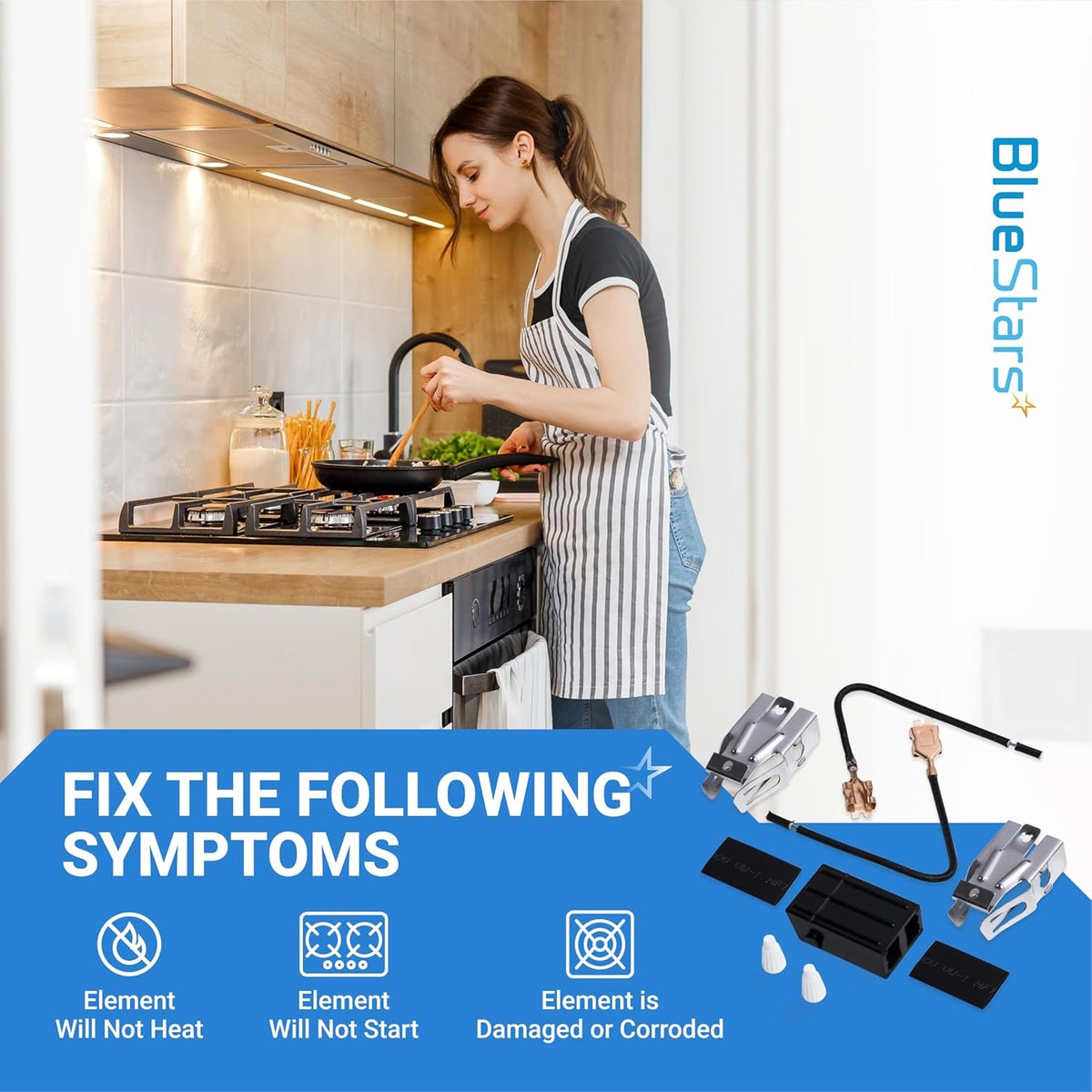 330031 range burner receptacle kit showing symptoms it fixes, including element heating and damage issues.