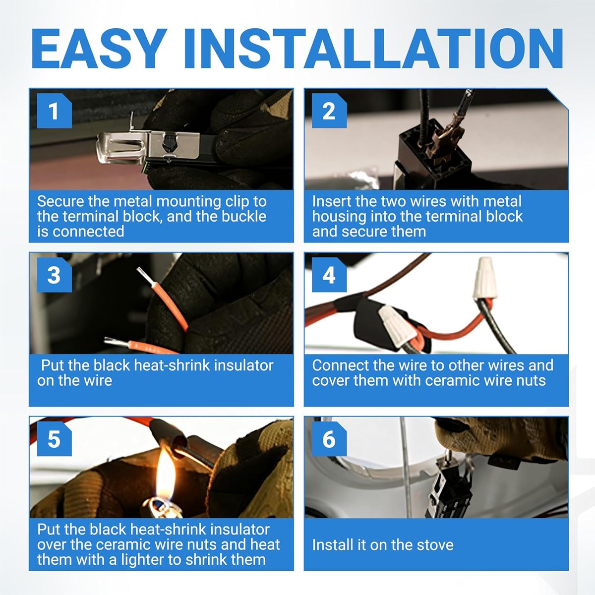 Six-step installation guide for 330031 range burner receptacle kit showing wiring and heat-shrink insulation process.