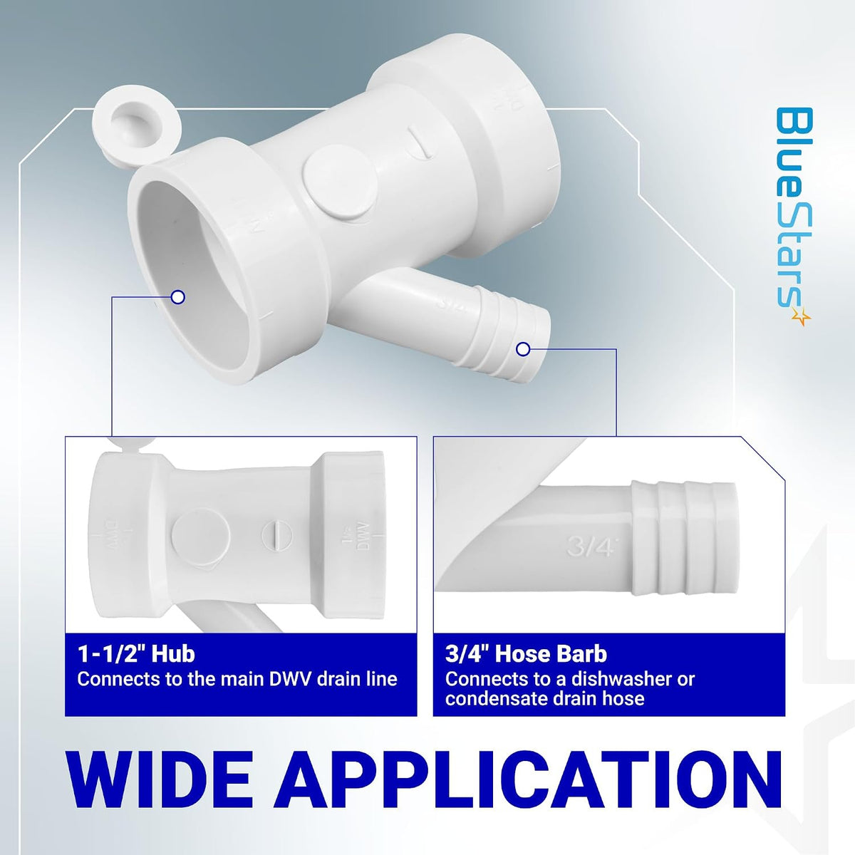 212332 Condensate Drain Pipe, product diagram showing 1-1/2-inch hub and 3/4-inch hose barb