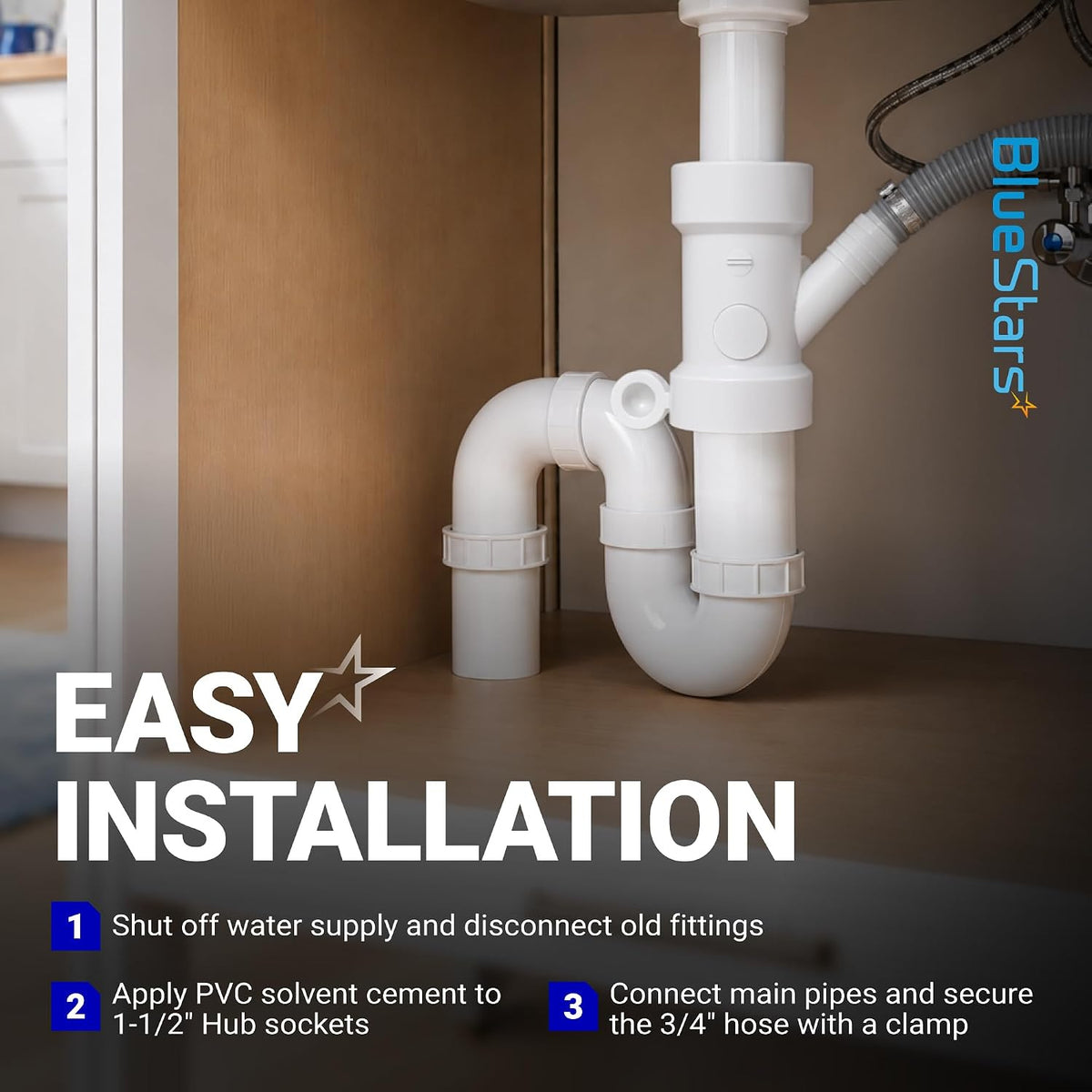 212332 Condensate Drain Pipe installed under a sink, with easy installation steps and connected drain pipes shown