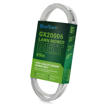 GX20006 89-inch lawn mower drive belt in branded retail packaging for John Deere mowers.