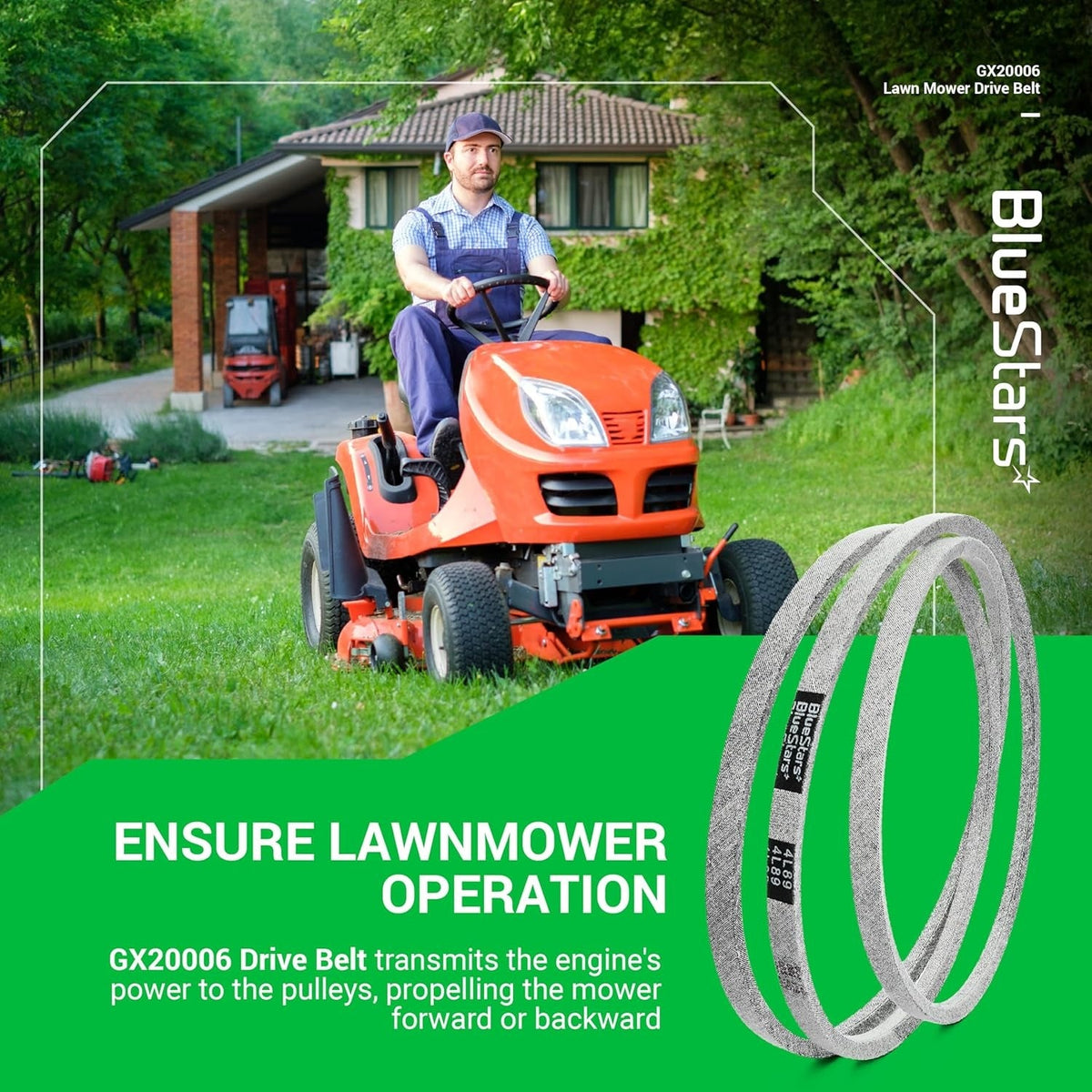 GX20006 mower drive belt shown in a promotional graphic with a lawn mower operator in the background.