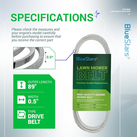 GX20006 mower drive belt specifications infographic showing 89-inch length and 0.5-inch width dimensions.