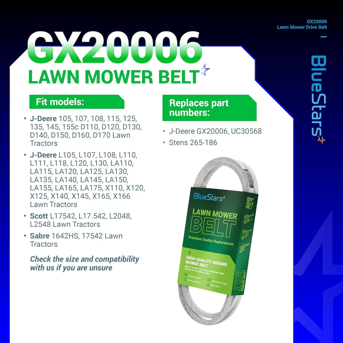 GX20006 lawn mower drive belt replacement with compatibility chart for John Deere and other lawn tractors.