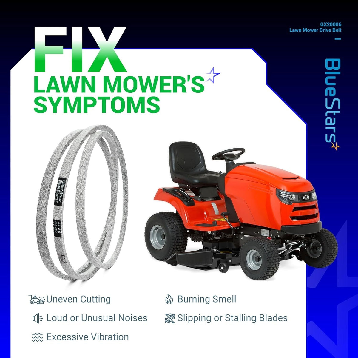 GX20006 mower drive belt infographic showing compatibility with John Deere lawn mowers and common repair symptoms.