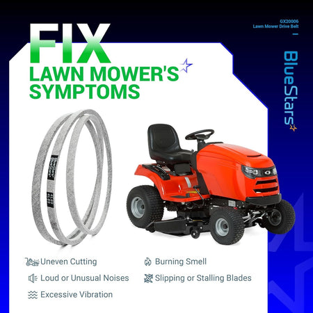 GX20006 mower drive belt infographic showing compatibility with John Deere lawn mowers and common repair symptoms.