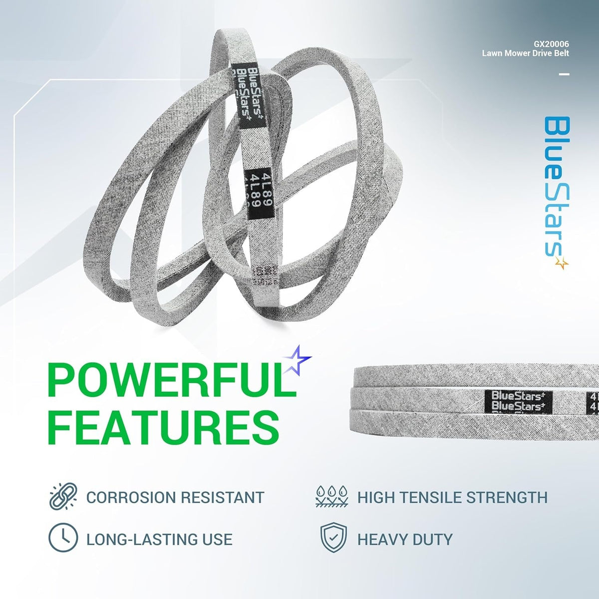 BlueStars GX20006 mower drive belt showing product features and branding.