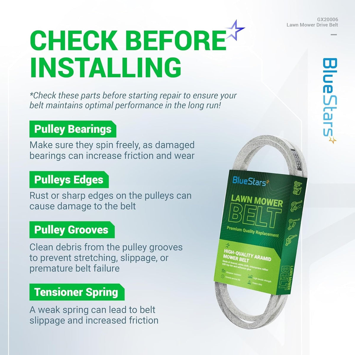 GX20006 mower drive belt installation guide infographic showing maintenance tips for pulleys and tensioner springs.