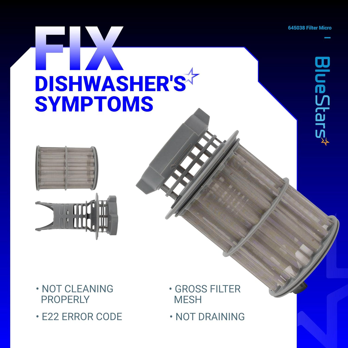 645038 dishwasher drain mesh micro filter replacement for Bosch, Thermador, and Kenmore dishwashers.