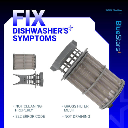 645038 dishwasher drain mesh micro filter replacement for Bosch, Thermador, and Kenmore dishwashers.