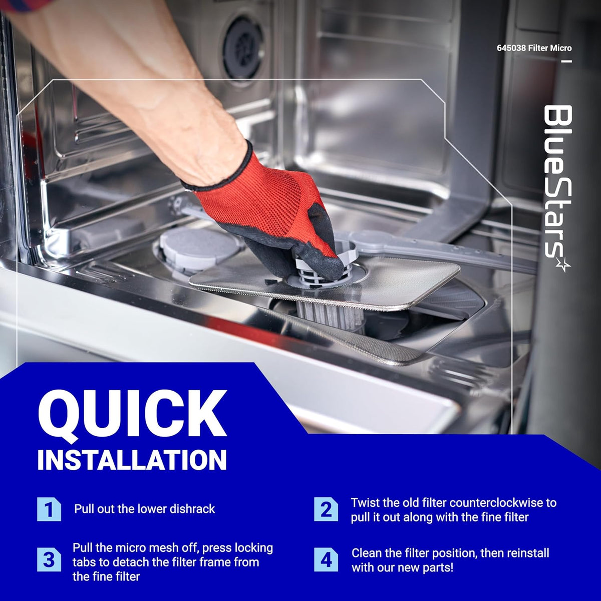 Hand installing 645038 dishwasher drain mesh micro filter with quick installation instructions.