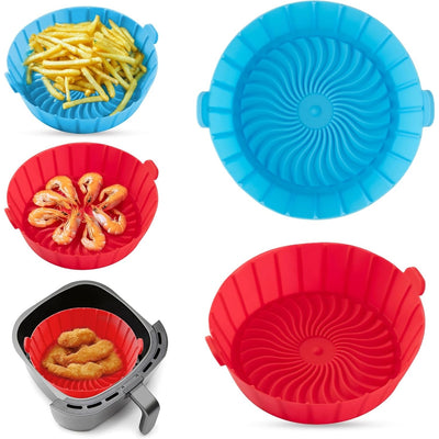 Set of two 6.5-inch reusable silicone air fryer liners in blue and red with food samples.
