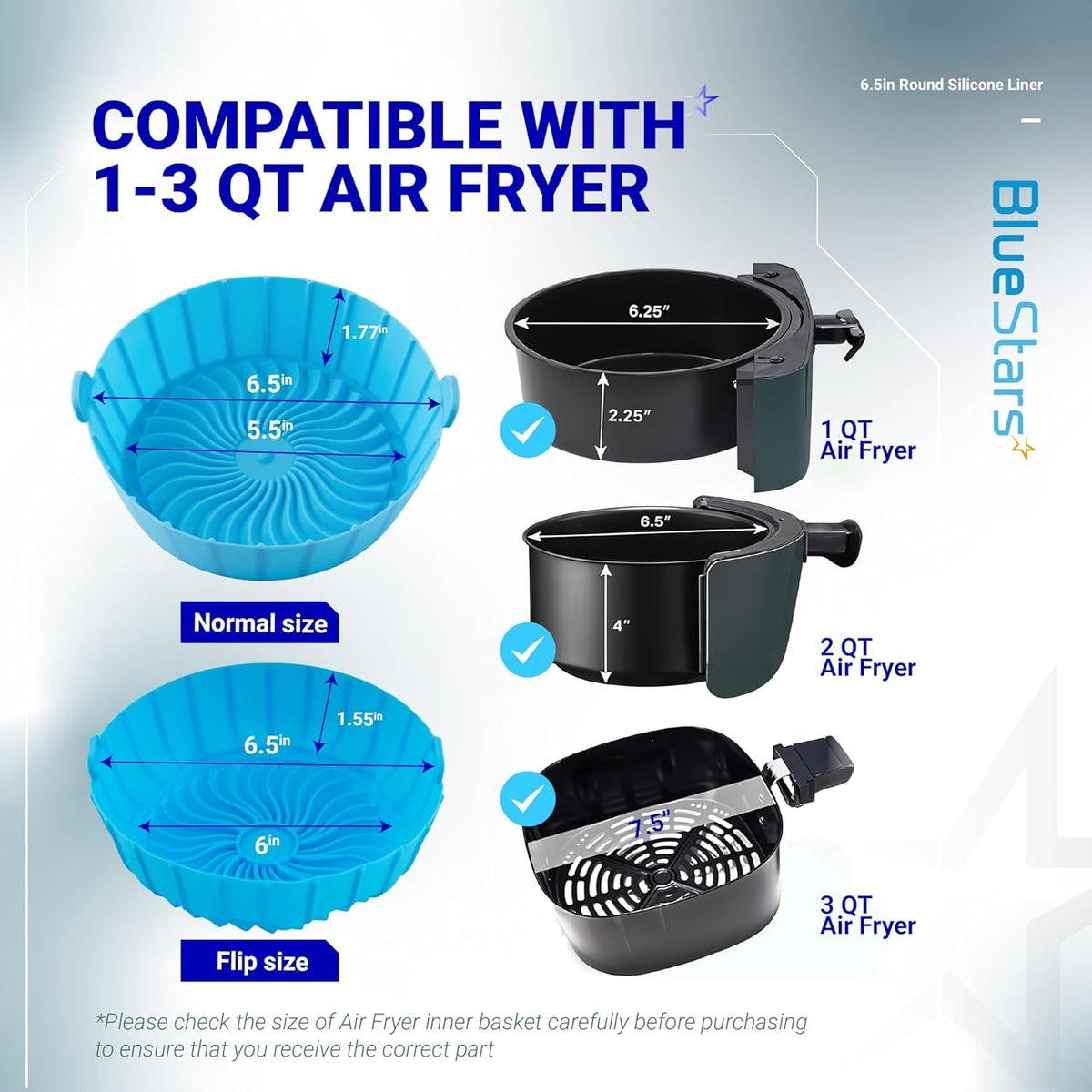 Size chart showing 6.5-inch silicone air fryer liner dimensions and compatibility with 1 to 3 QT air fryer baskets.