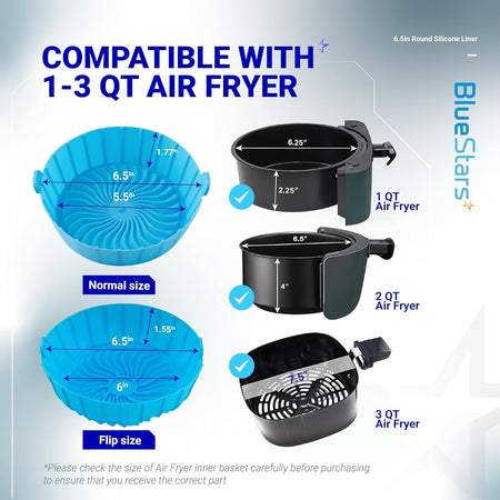 Size chart showing 6.5-inch silicone air fryer liner dimensions and compatibility with 1 to 3 QT air fryer baskets.