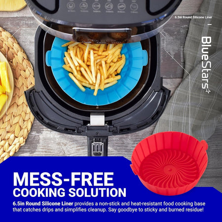 6.5in blue silicone air fryer liner holding fries inside an air fryer with a red silicone liner shown separately.