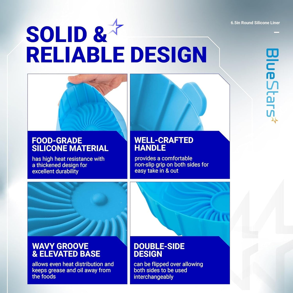 Infographic showing features of 6.5in reusable silicone air fryer liner including heat-resistant material and handles.