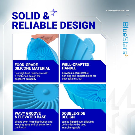 Infographic showing features of 6.5in reusable silicone air fryer liner including heat-resistant material and handles.