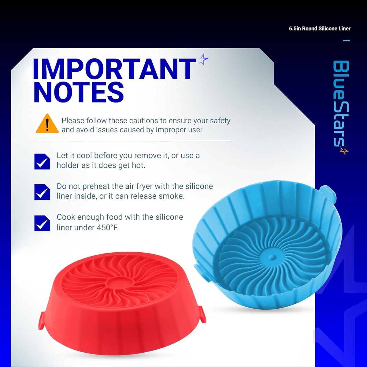 Infographic showing safety instructions for 6.5in reusable silicone air fryer liners with red and blue basket bowls.