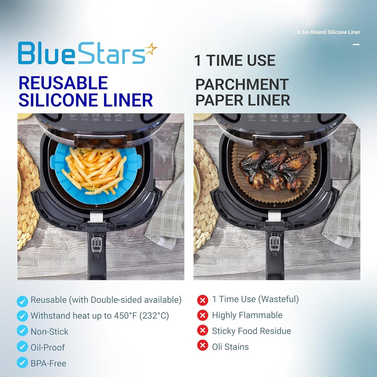 Comparison chart showing a 6.5in reusable silicone air fryer liner versus a single-use parchment paper liner.