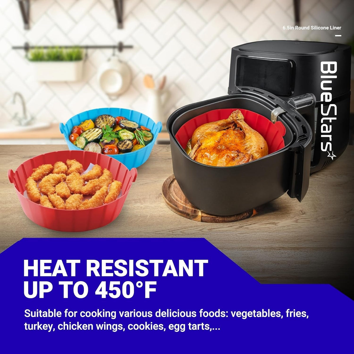 6.5in reusable silicone air fryer liners holding cooked chicken, vegetables, and fried food in a kitchen setting.