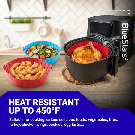 6.5in reusable silicone air fryer liners holding cooked chicken, vegetables, and fried food in a kitchen setting.