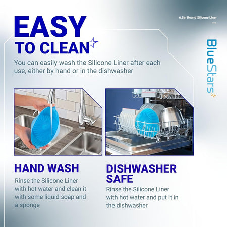 Infographic showing 6.5in reusable silicone air fryer liner being hand washed in a sink and cleaned in a dishwasher.