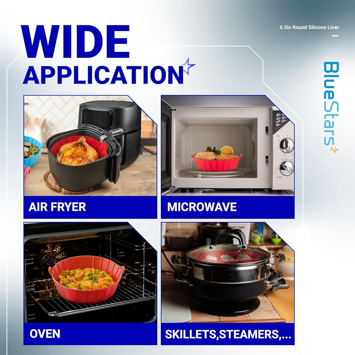 Infographic showing 6.5in silicone air fryer liners used in an air fryer, microwave, oven, and steamer.