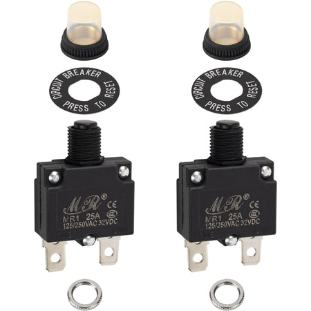 Two 25A thermal circuit breakers with manual reset buttons, waterproof caps, and mounting hardware.
