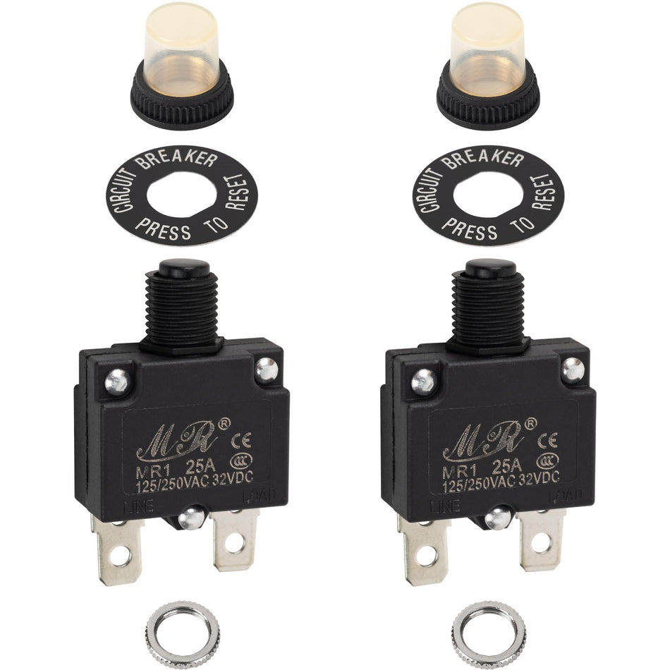 Two 25A thermal circuit breakers with manual reset buttons, waterproof caps, and mounting hardware.