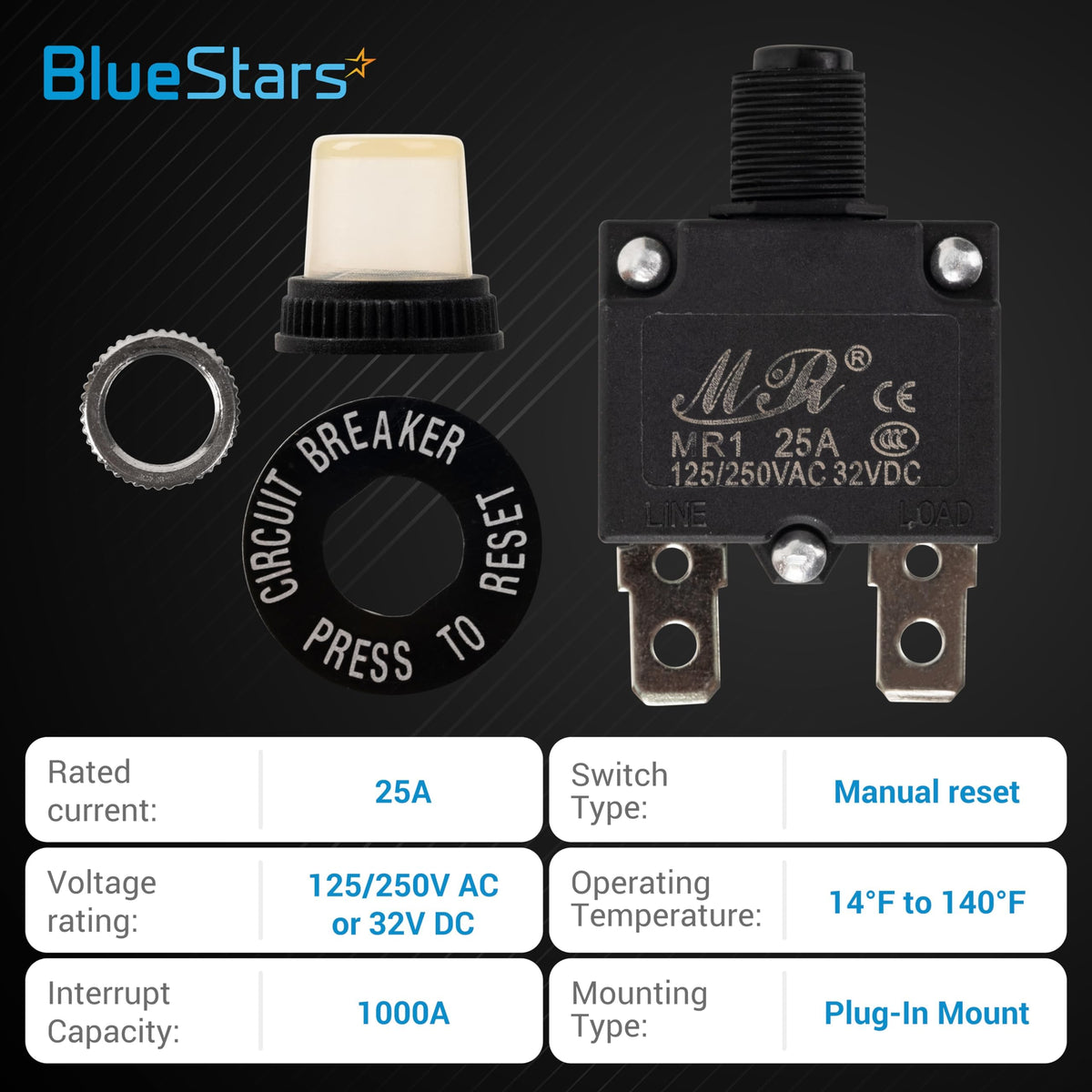 25A thermal circuit breaker with manual reset button, waterproof cap, mounting nut, and label with technical specs.