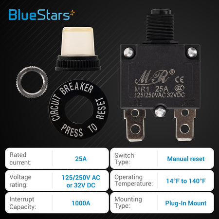 25A thermal circuit breaker with manual reset button, waterproof cap, mounting nut, and label with technical specs.