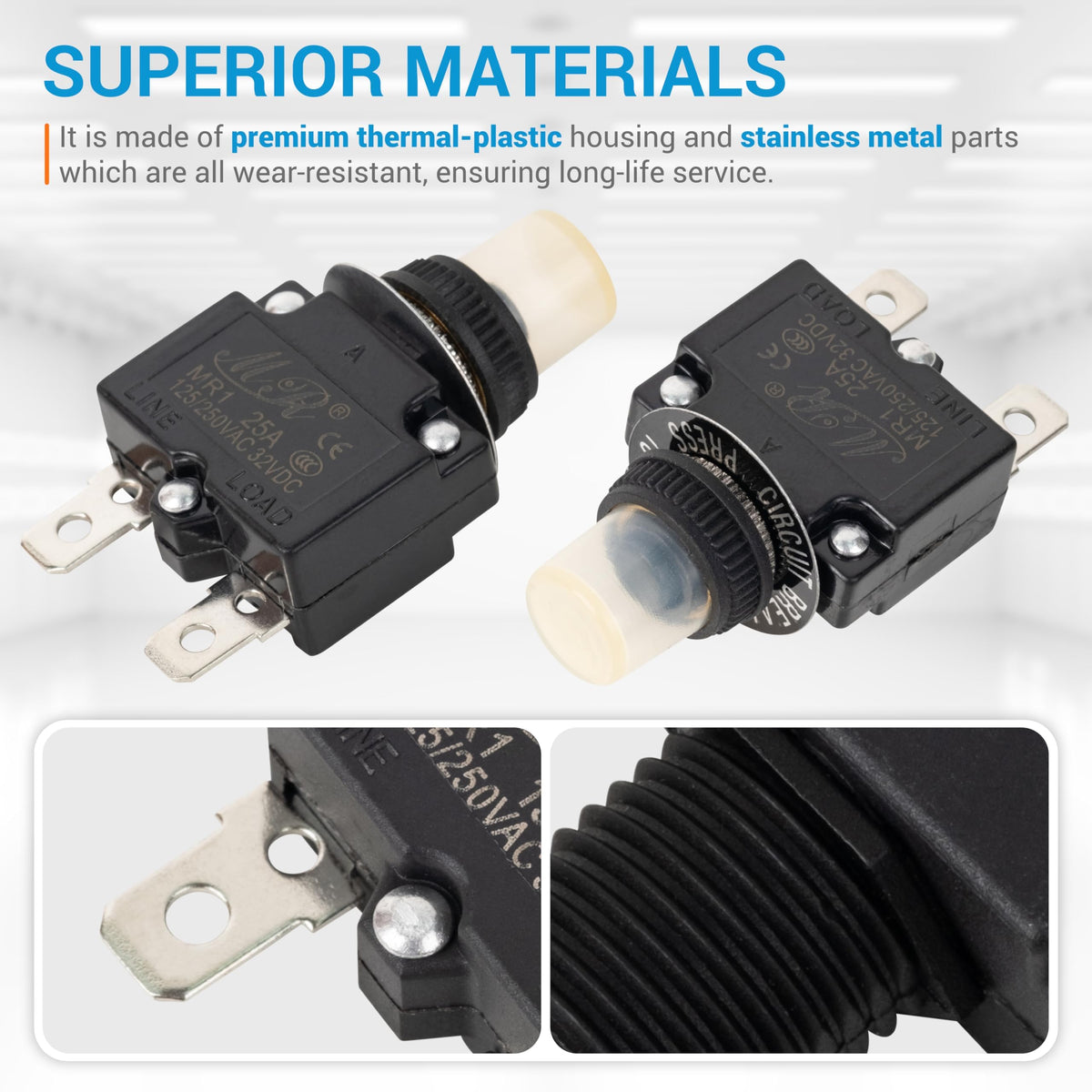 Two 25A thermal circuit breakers with push-button manual reset and waterproof caps, showing construction details.