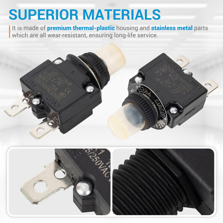 Two 25A thermal circuit breakers with push-button manual reset and waterproof caps, showing construction details.