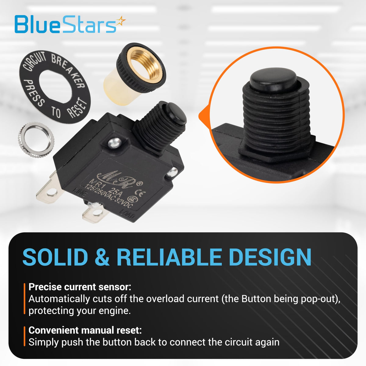 25A thermal circuit breaker with manual reset push button, waterproof cap, and mounting hardware components.