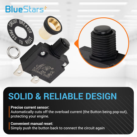 25A thermal circuit breaker with manual reset push button, waterproof cap, and mounting hardware components.